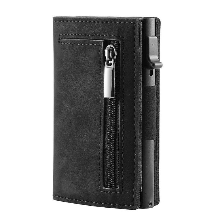 Pop-Up RFID Leather Magnetic Wallet with Zipper