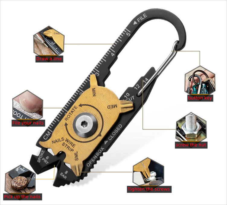 Stainless Steel 20-in-1 Multitool Carabiner - EDC Keychain