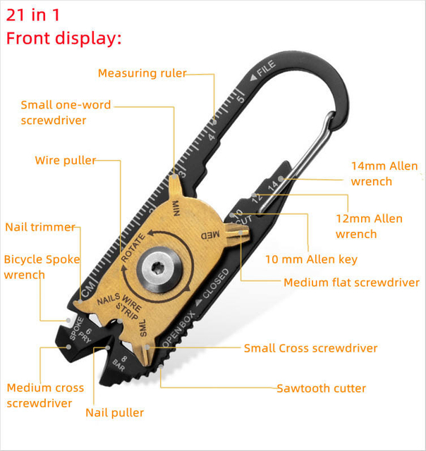 Stainless Steel 20-in-1 Multitool Carabiner - EDC Keychain